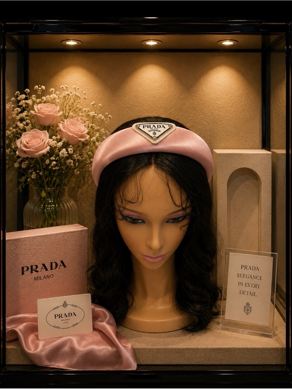 Prada Pale Pink Satin Padded Headband with Logo Plaque